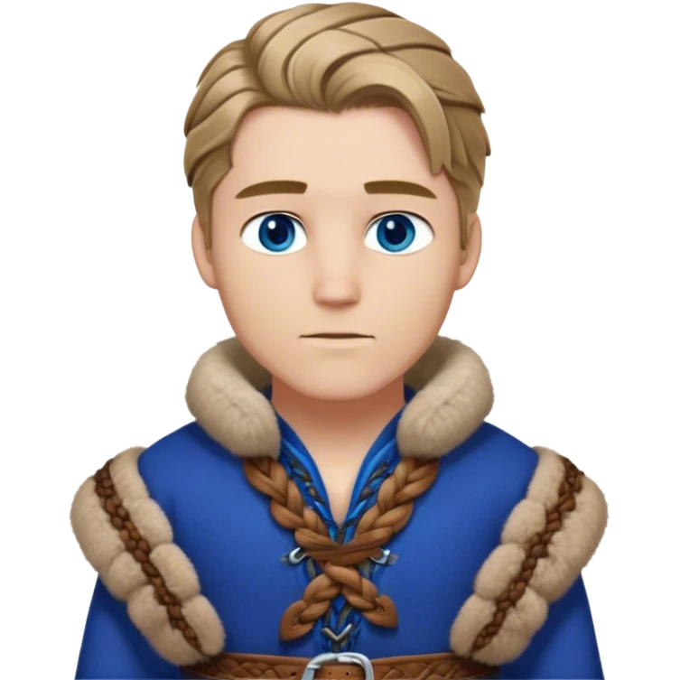 Medieval winter outfit worn by a DnD themed fantasy male character. Double-thick russet wool tunic with mink fur trim, featuring carved wooden toggles and a wide braided leather belt. Clothes only above the waist, full waist coverage. The character has no arms. Character is white-skinned with dark blonde hair, sapphire blue eyes, and medium-length straight hair touched by winter frost. emoji