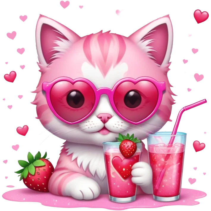 A bubblegum pink kitten with heart-shaped sunglasses, sipping a strawberry soda, surrounded by sparkles and summer vibes. emoji