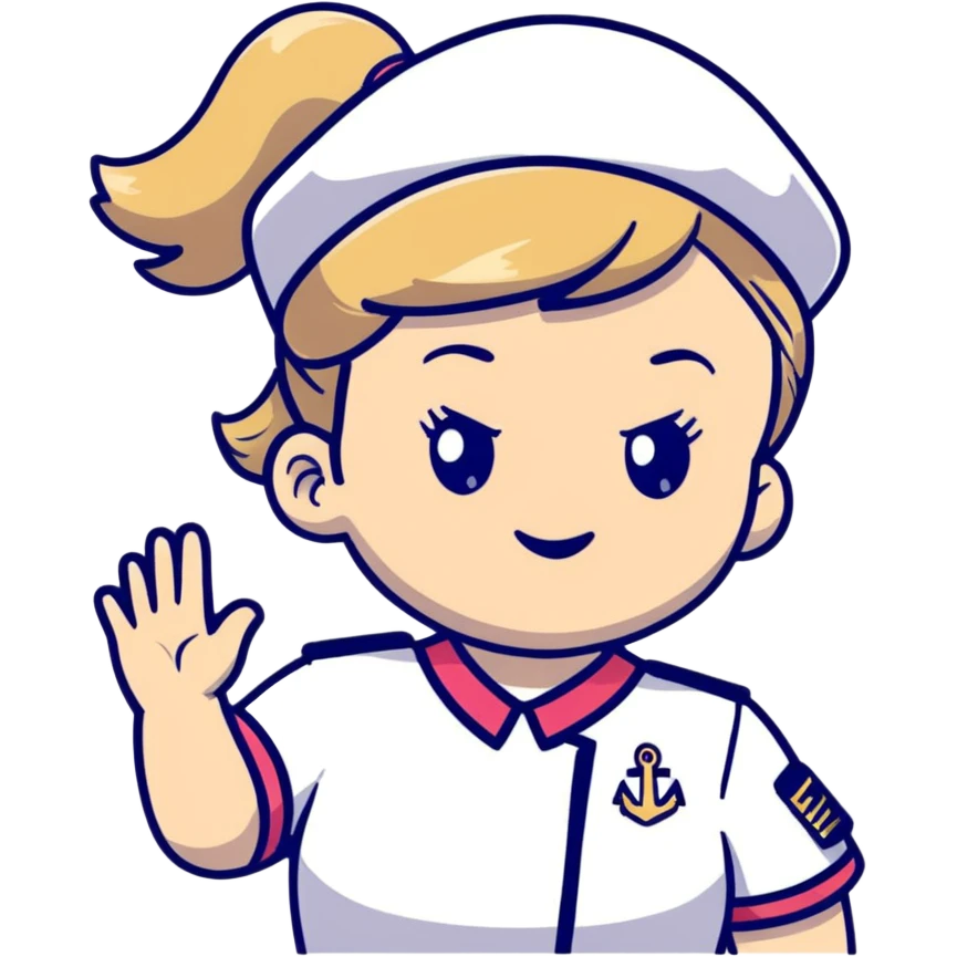 girl with dirty blonde ponytail, cruise captain uniform, waving at the camera emoji