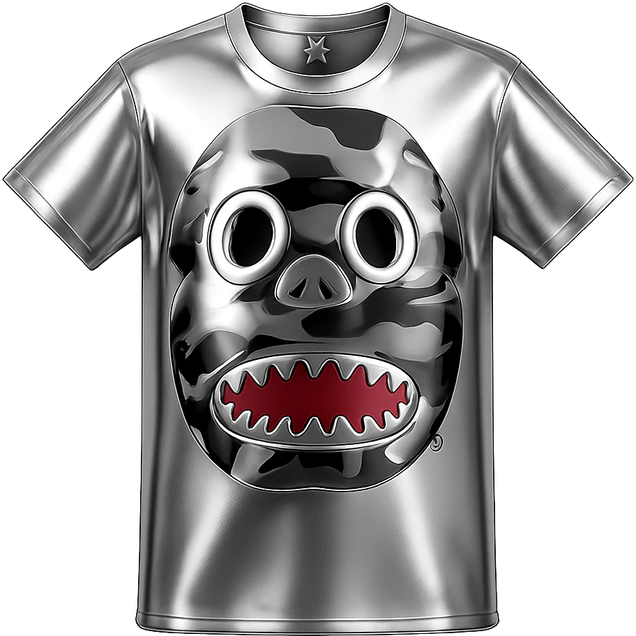 Isolate the camo face t-shirt from the group and transform it into a 3D chrome metallic style, keeping all preset colors and details, highly reflective and shiny, no background. emoji