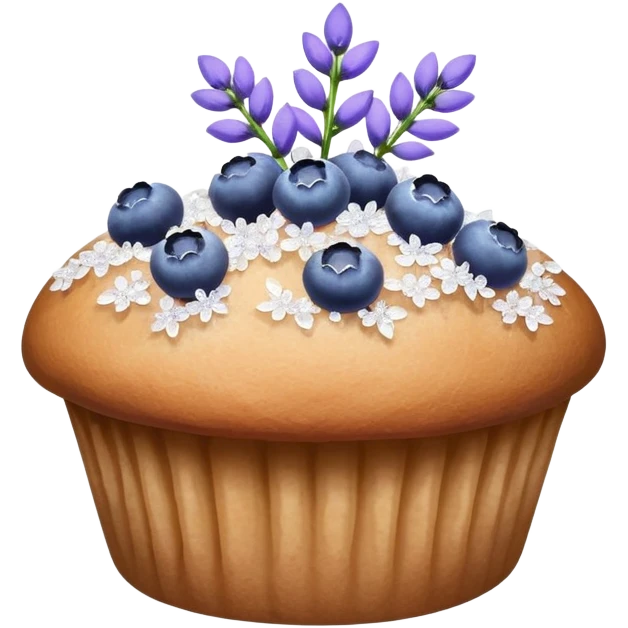 Lavender flower sprigs on a muffin with blueberries and sugar crystals without frosting  emoji