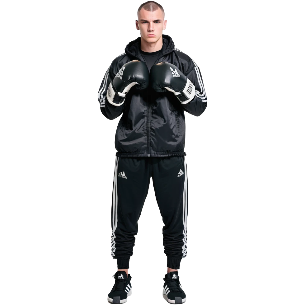 white man with dark hair, dark eyes, buzzcut faded haircut, 100kg boxer, wearing full black clothes, black adidas boxing gloves emoji