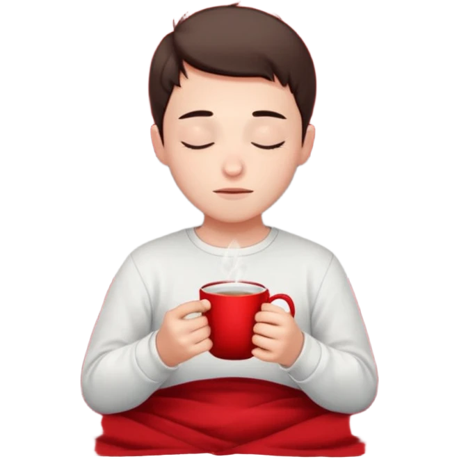 A European boy is sitting comfortably under a blanket, wrapped in a red blanket, drinking tea with his eyes closed. emoji
