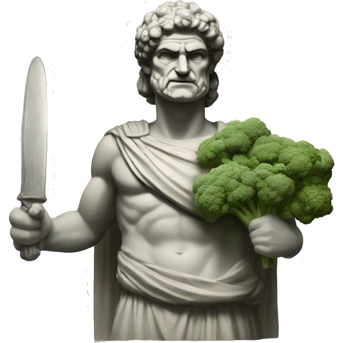 an ancien greek statut with broccolis as weapons emoji