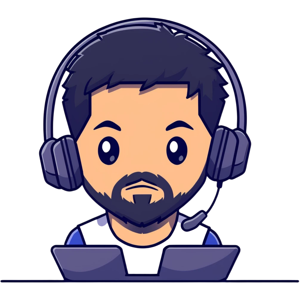 Detailed anime-style character with textured black hair, intense brown eyes, well-groomed black beard, and gaming headset with mic, dramatic anime lighting, detailed face emoji