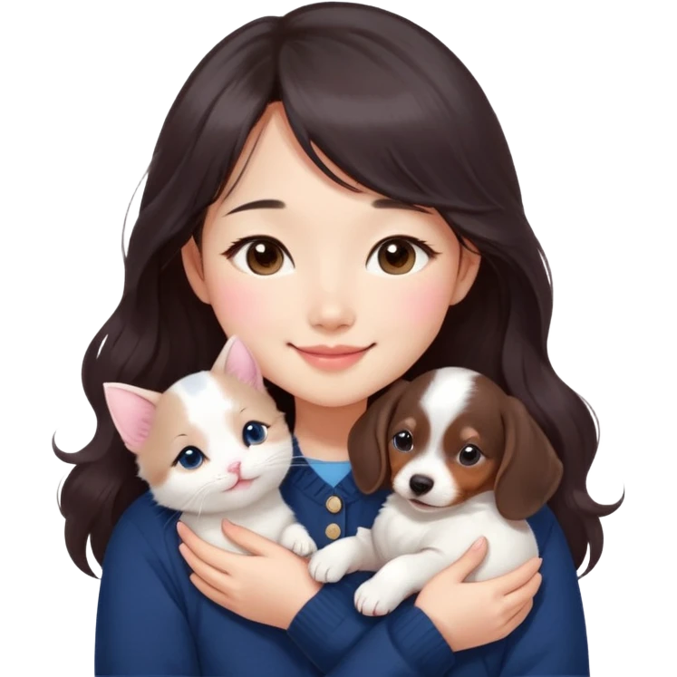 Cute asain girl with a cute smile, long dark brown wavy hair, straight bangs covering forehead, pink blushy cheeks. Wearing a cute navy blue cardigan,. Cuddling a white kitten and dashund puppy  emoji