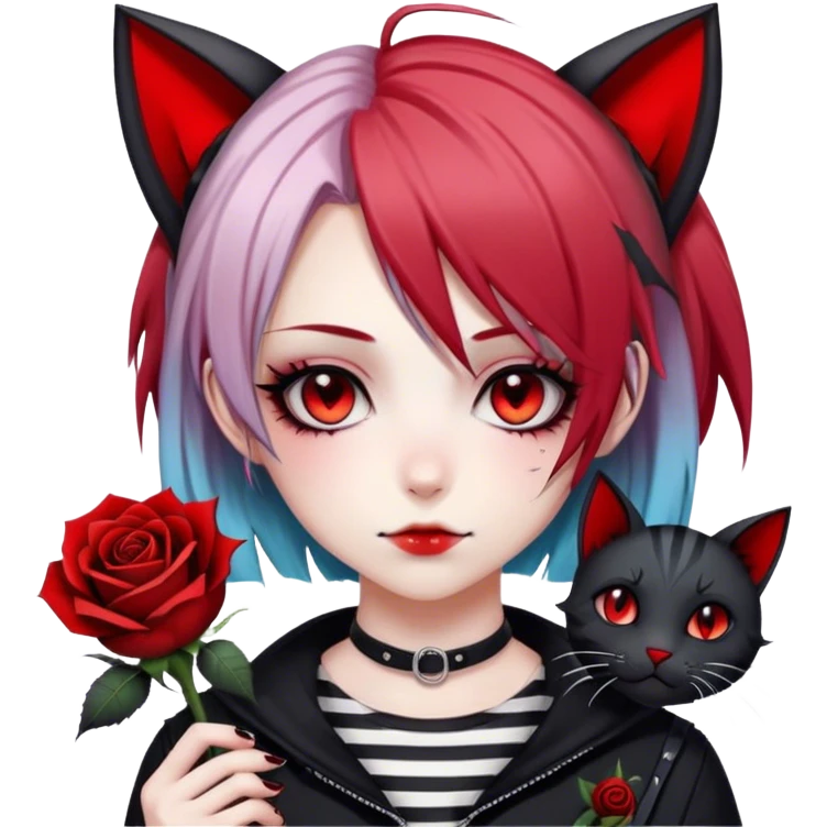 Bloody black rose anime gothic emo  beautiful gorgeous cool edgy cute lady with cat ears, gradient black-and-red-striped hair, tomboy style emoji