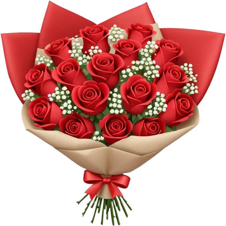 A paper-wrapped bouquet of fresh roses and baby’s breath emoji
