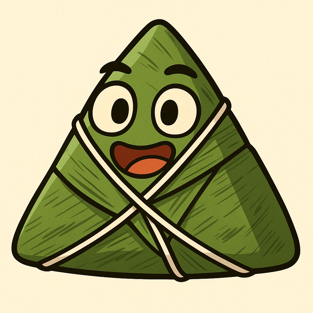 Create a cartoon style emoji of a zongzi, triangular shape, wrapped in green bamboo leaves and tied with white string, closely matching the reference image. emoji