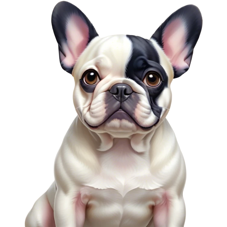 Cinematic Noble Pied French Bulldog Portrait Emoji, Radiating regal yet playful charm, with a distinctive pied fur of contrasting hues and a sculpted, expressive face featuring gentle, wise eyes and a confident stance, simplified yet artistically detailed, glowing with a soft, sophisticated radiance, high shine, exuding intelligent nobility and refined flair, soft glowing outline, capturing the essence of a noble Pied French Bulldog that embodies both strength and grace! emoji