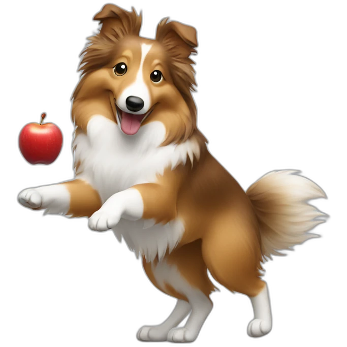 Sheltie dancing with an apple in her mouth emoji