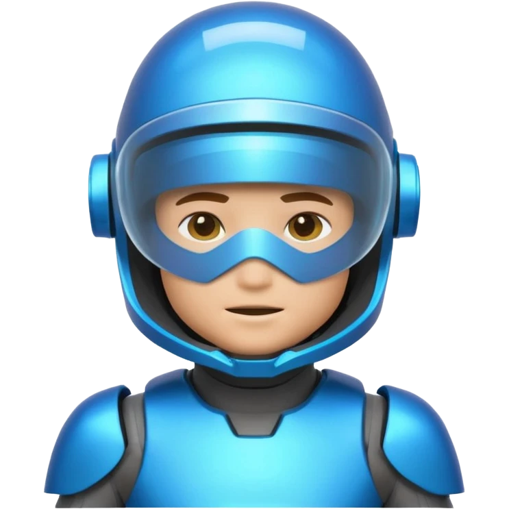 “Futuristic Roblox boy emoji, 2050 style. Blue neon visor, cyber helmet, metallic skin glow, hologram lines, tech-suit with glowing seams, soft neon background.” emoji