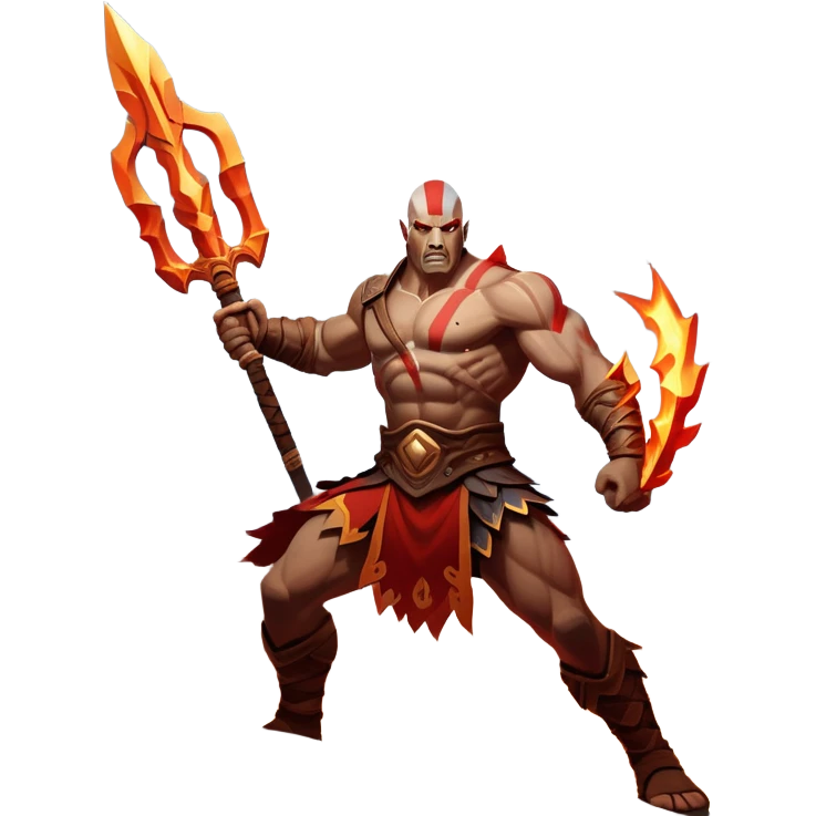 An icon showing a powerful warrior wielding a weapon, ready for battle, inspired by God of War: Ragnarok. The design features a fiery, war-torn landscape with broken statues and lightning in the sky, symbolizing epic combat. Transparent background highlights the action. emoji
