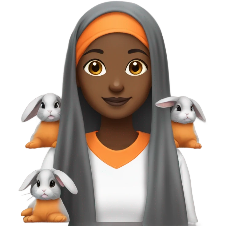 Black Muslim girl and her 3 cute orange, gray, and mix colored holland lop bunnies emoji