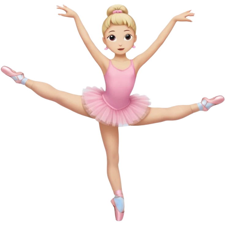 aestethic blonde girl doing ballet, with a pink tutu, bun, with a leg on the floor, and the other one in the air, with 2 legs!! emoji