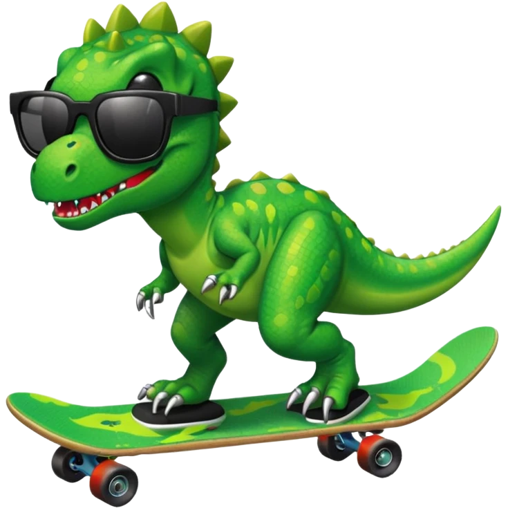 Green dinosaur on a skateboard with a chain and pixel sunglasses emoji