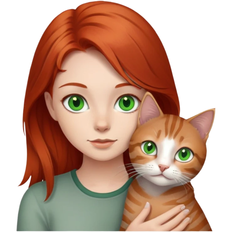 Red hair girl with green eyes holding a grey tabby girl with green eyes emoji