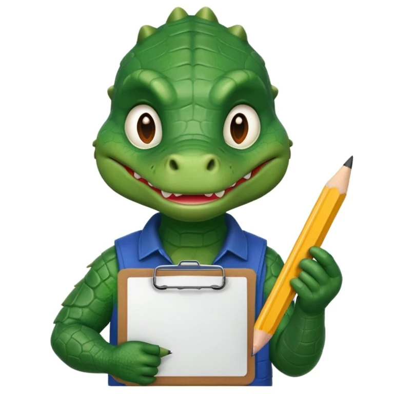 A gator with a serious face holding a clipboard and a pencil, offwhite background emoji