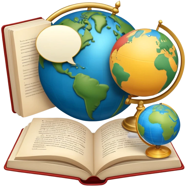 An icon featuring an open book, a speech bubble, and a pen, symbolizing philology and linguistics. The design includes a globe with language characters and grammar symbols, representing the study of languages and literature. Transparent background highlights language analysis. emoji