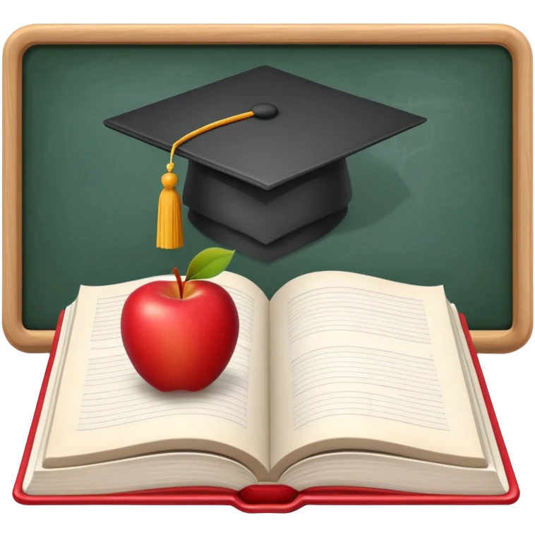 An icon featuring an open book, a chalkboard with lesson plans, and a pencil, symbolizing education and pedagogy. The design includes an apple and a graduation cap, representing teaching and learning. Transparent background highlights the growth and development in education. emoji