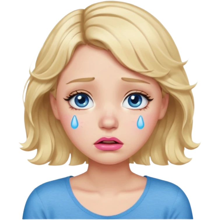 Girl Blonde short wavy hair,  blue eyes, cute blue top, long lashes, pink lips,crying with tears running down the face  emoji