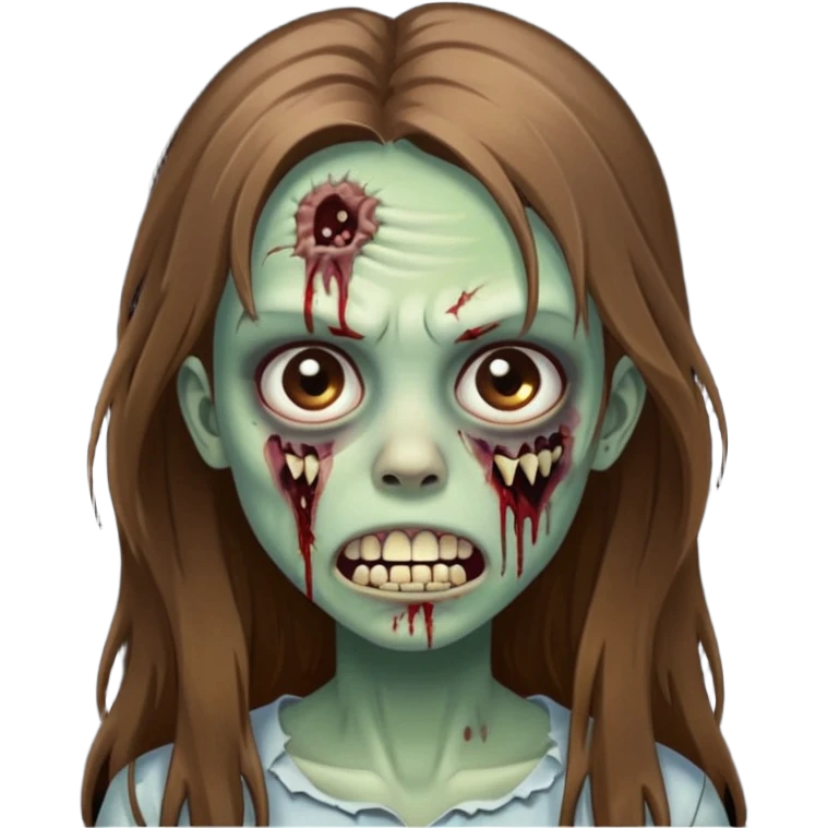 Girl zombie with brown long hair with teeth and serious face IOS style emoji