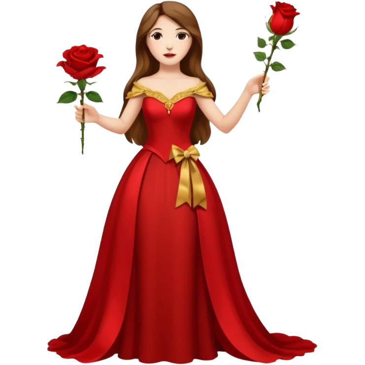 woman opera singer singing with long brown hair and golden dress, entire body, withou microfone, with a rose in right hand emoji