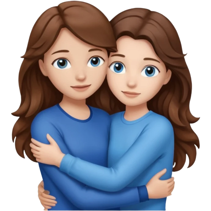 A girl with brown straight hair and blue eyes is hugging a girl with brown wavy hair with blue eyes  emoji