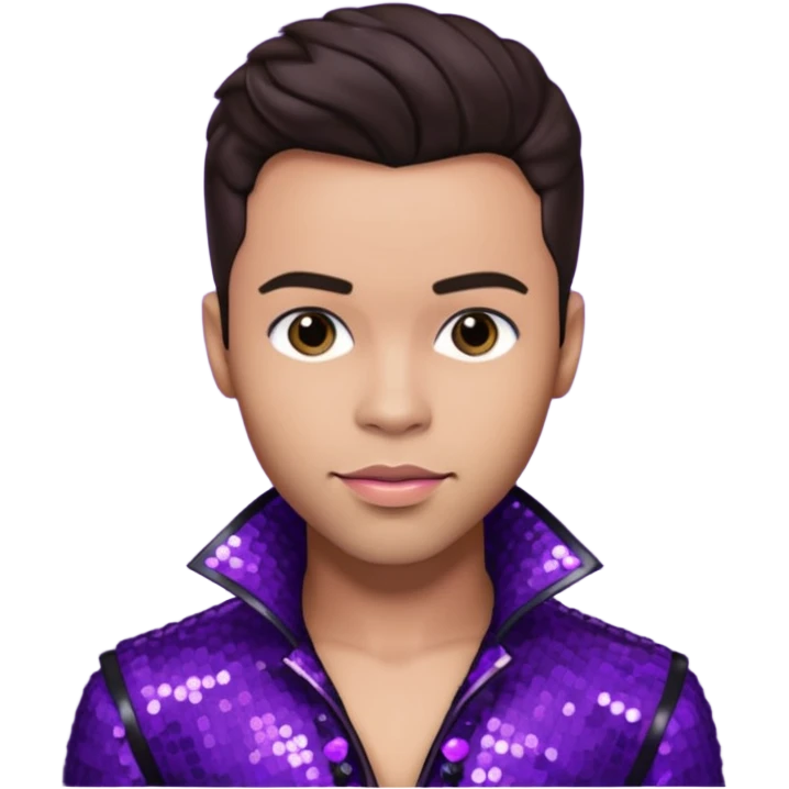 Prince Royce with dark brown hair, dark purple sequin outfit emoji