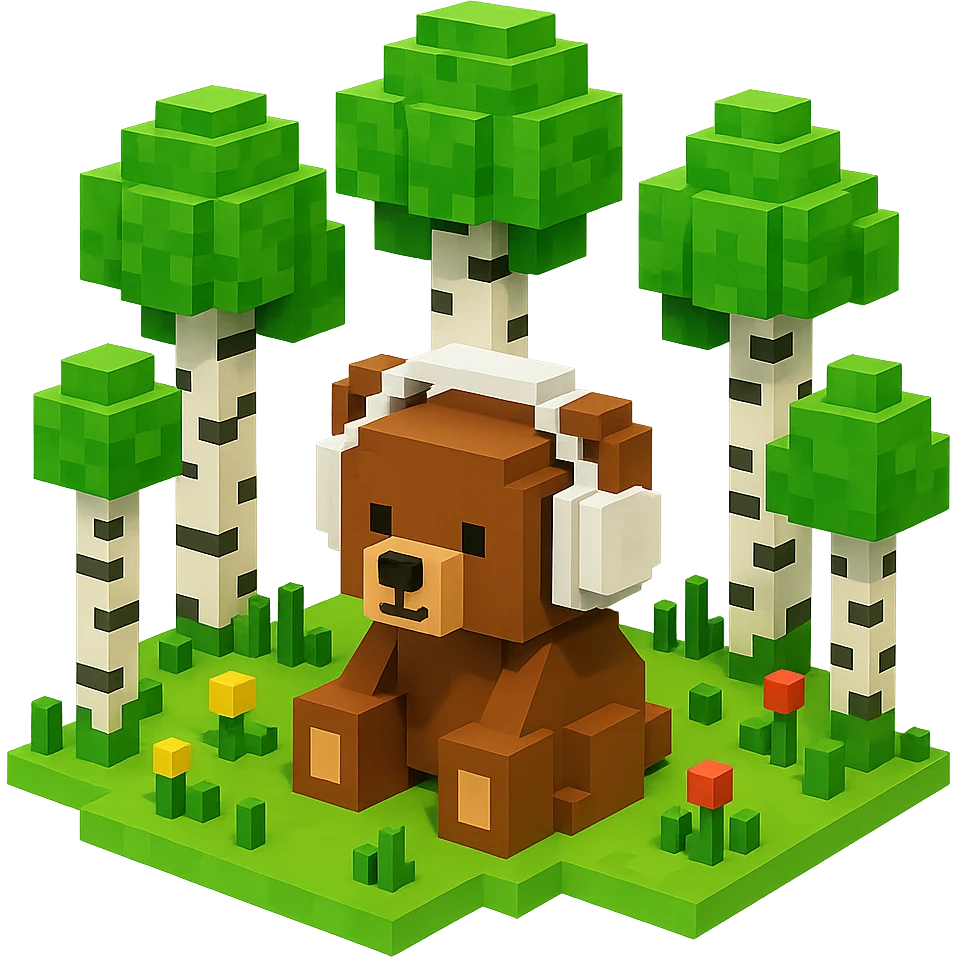 березовый лес, в котором сидит бурый медвежонок в белых наушниках (наушники должны закрывать уши медведя), no background  emoji