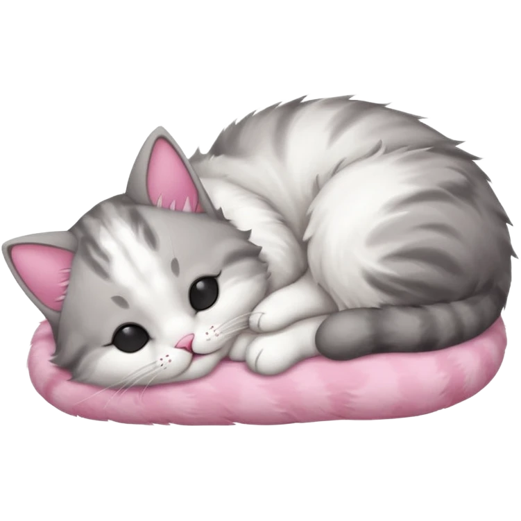 grey and white small cat with eyes closed lying down upside down with its head resting on its curled paw emoji