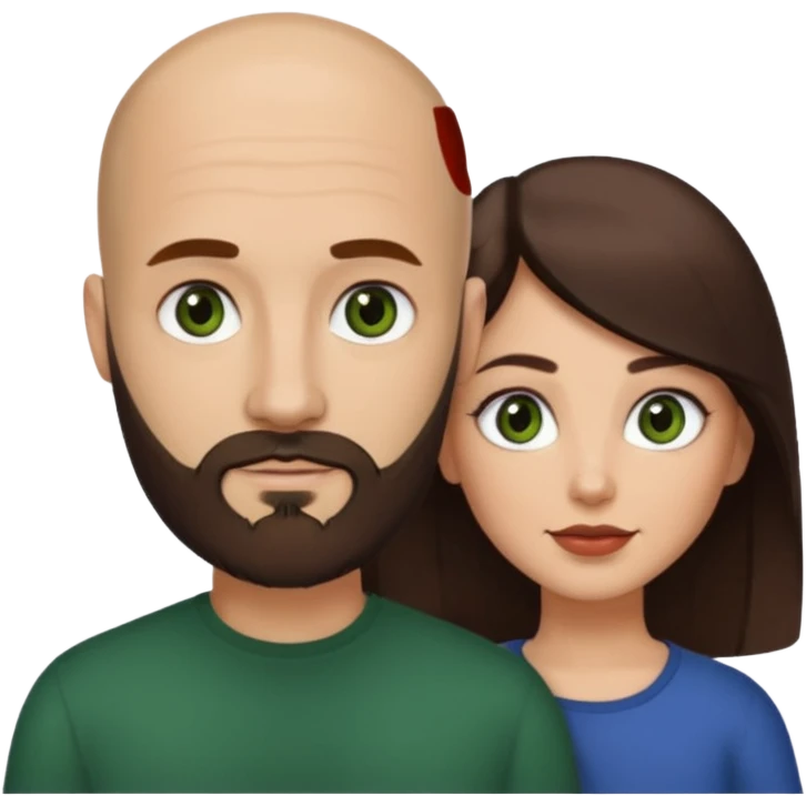 Man beard bald white dark green eyes, woman medium hair brown brown eyed latina  emoji