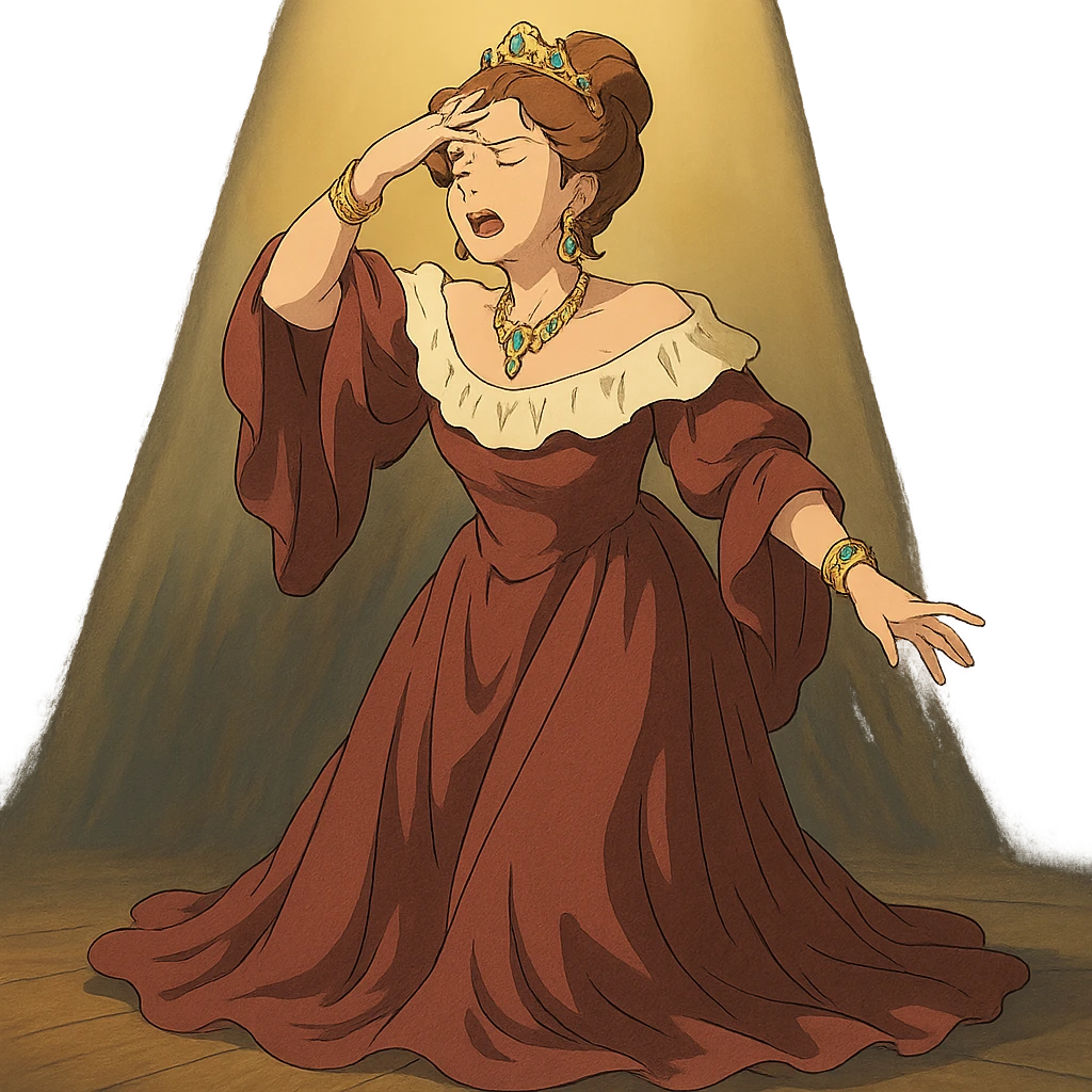 drama queen on stage, spotlight, flowing gown, hand to forehead, ornate jewelry emoji