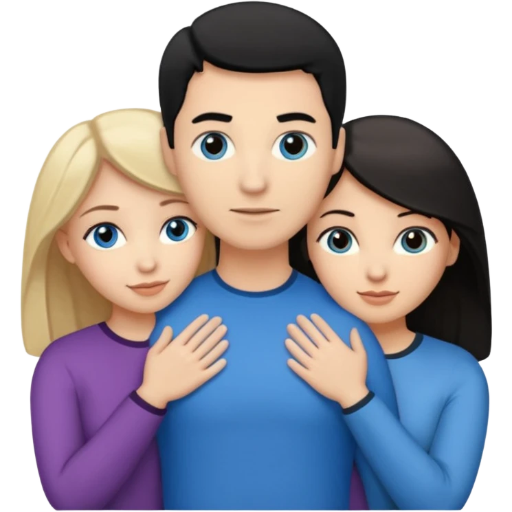 3 people. Throuple. Blank woman with blond hair and blue eye color on left. And also a blank man with black hair and grey eye color in the middle. And a blank woman with brown hair and grey eye color on the right. Holding each other  emoji