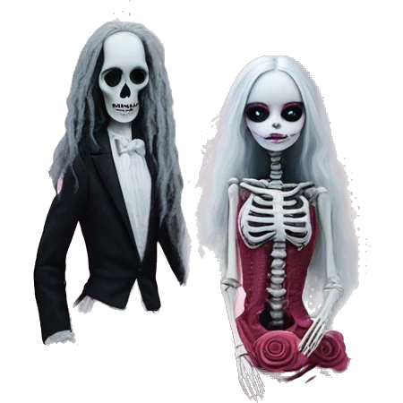 PINK LANDSCAPE PICTURE WITH FRAME: full body, hyper realism, full height skeleton, tim burton "corpse bride", thin porcelain doll with a cracked face, goth makeup watery eyes, long hair, lace and ruffles, lolita style, inked, black and white, red roses emoji