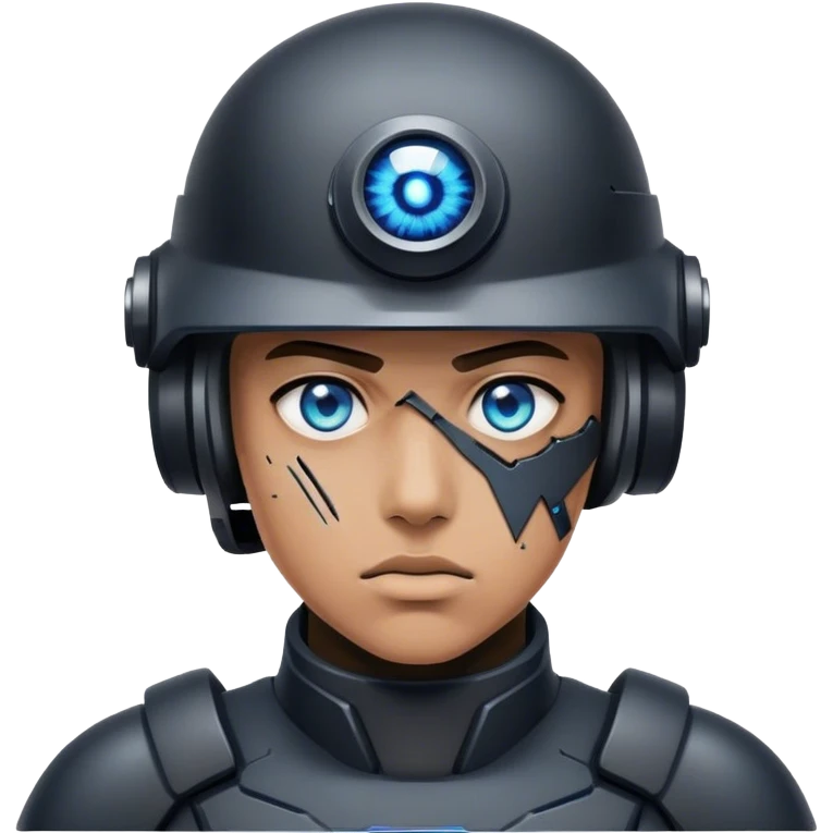 A dystopian soldier with a shattered black visor, revealing one cybernetic blue eye emoji