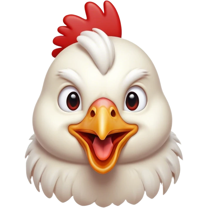 Cinematic Comical White Chicken Portrait Emoji, Head tilted dramatically with an exaggeratedly shocked or amused expression, featuring a sleek, immaculate white plumage with a prominent red comb, wide, expressive beady eyes filled with playful disbelief, Simplified yet hilariously expressive features, highly detailed, glowing with a slightly sassy glow, high shine, dramatic yet playful, stylized with an air of cheeky mischief, bright and endearing, soft glowing outline, capturing the essence of a spirited and over-the-top chicken, so meme-worthy it feels like it could cluck its way into internet fame instantly! emoji