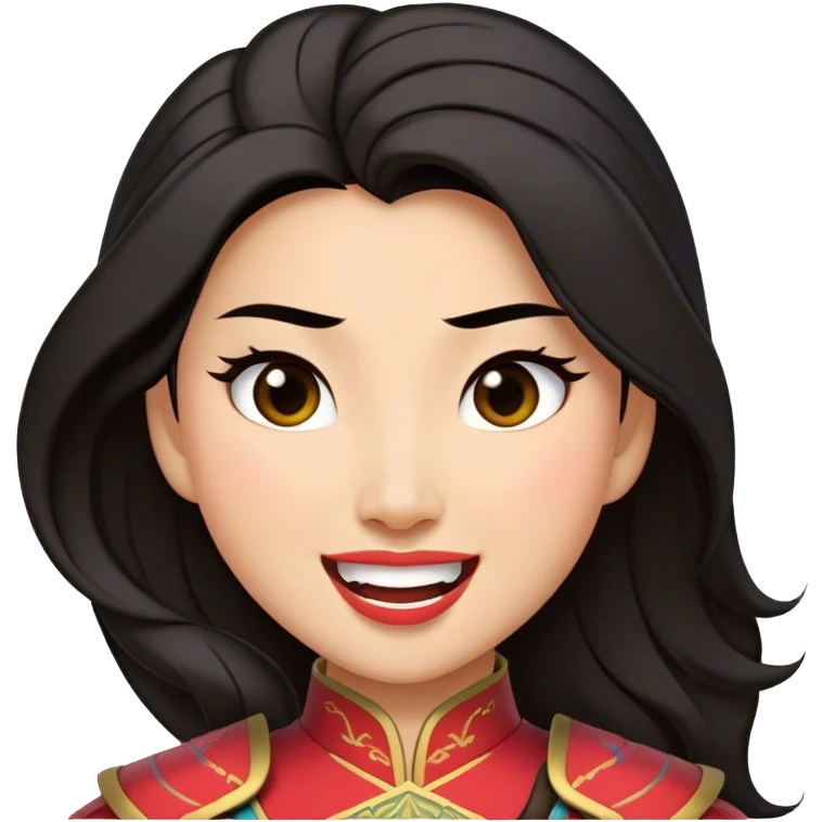 Cinematic Playful Mulan Portrait Emoji, Mid-laugh with a strand of hair falling over her face, adjusting her armor, eyes full of adventure, exuding an irresistible mix of beauty and fun, the perfect blend of warrior and princess! emoji
