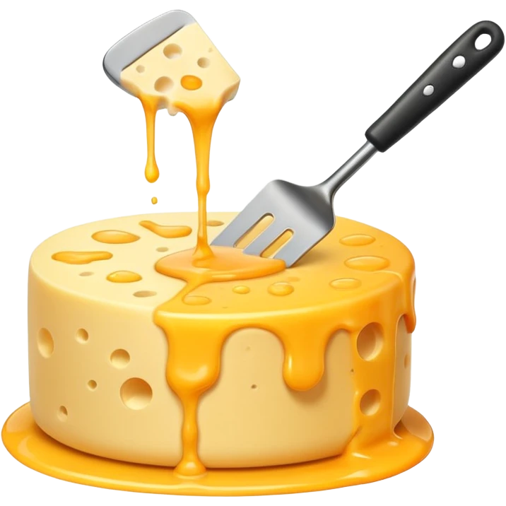 a half vertical wheel of cheese being scraped with a metal spatula, melted cheese flowing, modern emoji style, clean, transparent background emoji