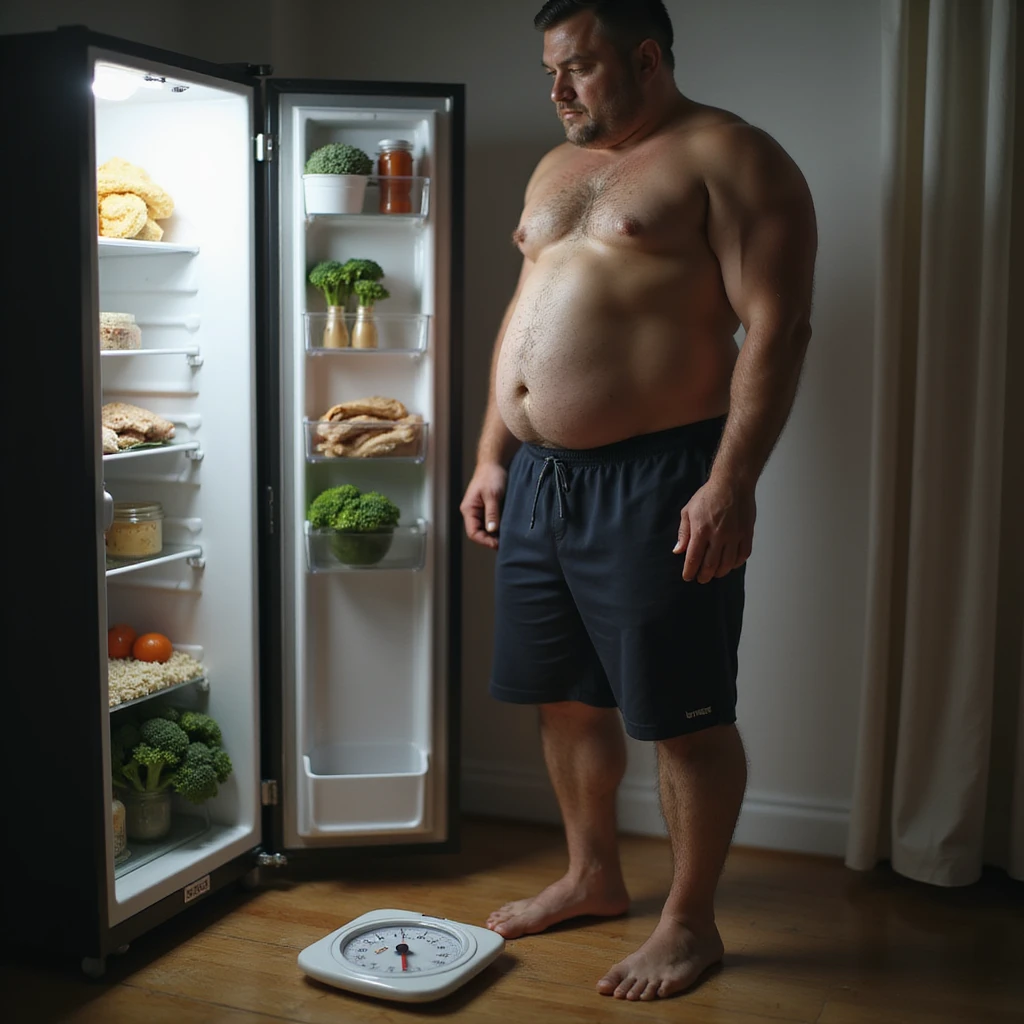 hyperrealistic 4K image of a man in gym clothes looking at his bloated stomach in the mirror, scale reading '75kg' on the floor, open fridge with chicken, rice, broccoli visible emoji