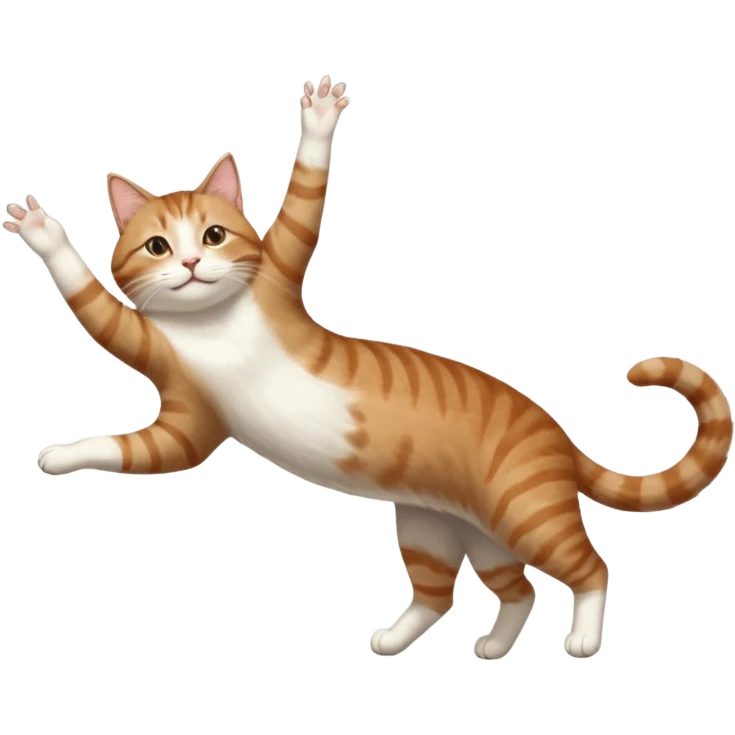 brown tabby and white cat with doing a big extremely long stretch reaching up into the air with arms and legs side by side together straight and overextended whilst lying on its side emoji