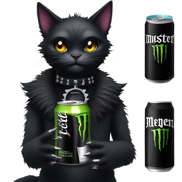 Goth cat with a monster can emoji