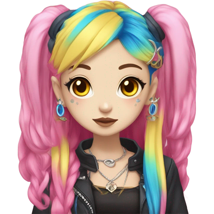 Blue eyed long eye lashes pout blonde and pink hair pale hime gyaru girl, hot pink and yellow split-dyed hair, nose ring, elf ears, dark makeup, punk clothes emoji