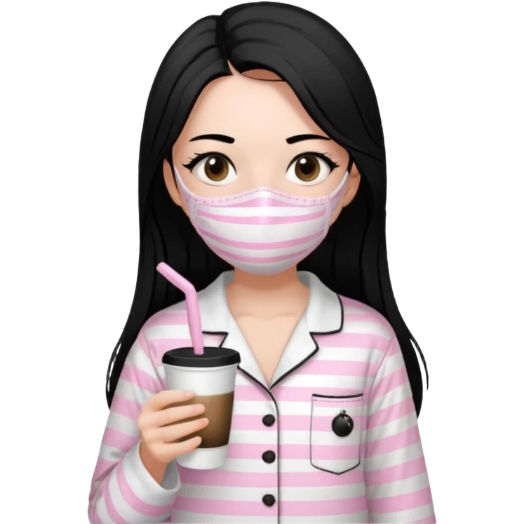 chica de pelo lacio color negro cabellera larga piyama blanca con rayas rosa claras peo no tan claras no oscuras el bordado es negro al igual que los botones )tiene una mascarilla para la carablanca y sostiene y cafe con bolitas nedras al dondo con unsorbete tranparente y es de test blanca  emoji