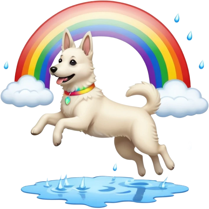 White belgian Shepard jumping Cheerful  over Rain puddles. There is a rainbow in the sky emoji