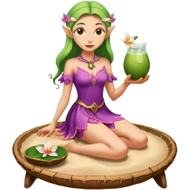 female elf in orchid-petal dress, balancing coconut drink tray. Barefoot on sand emoji
