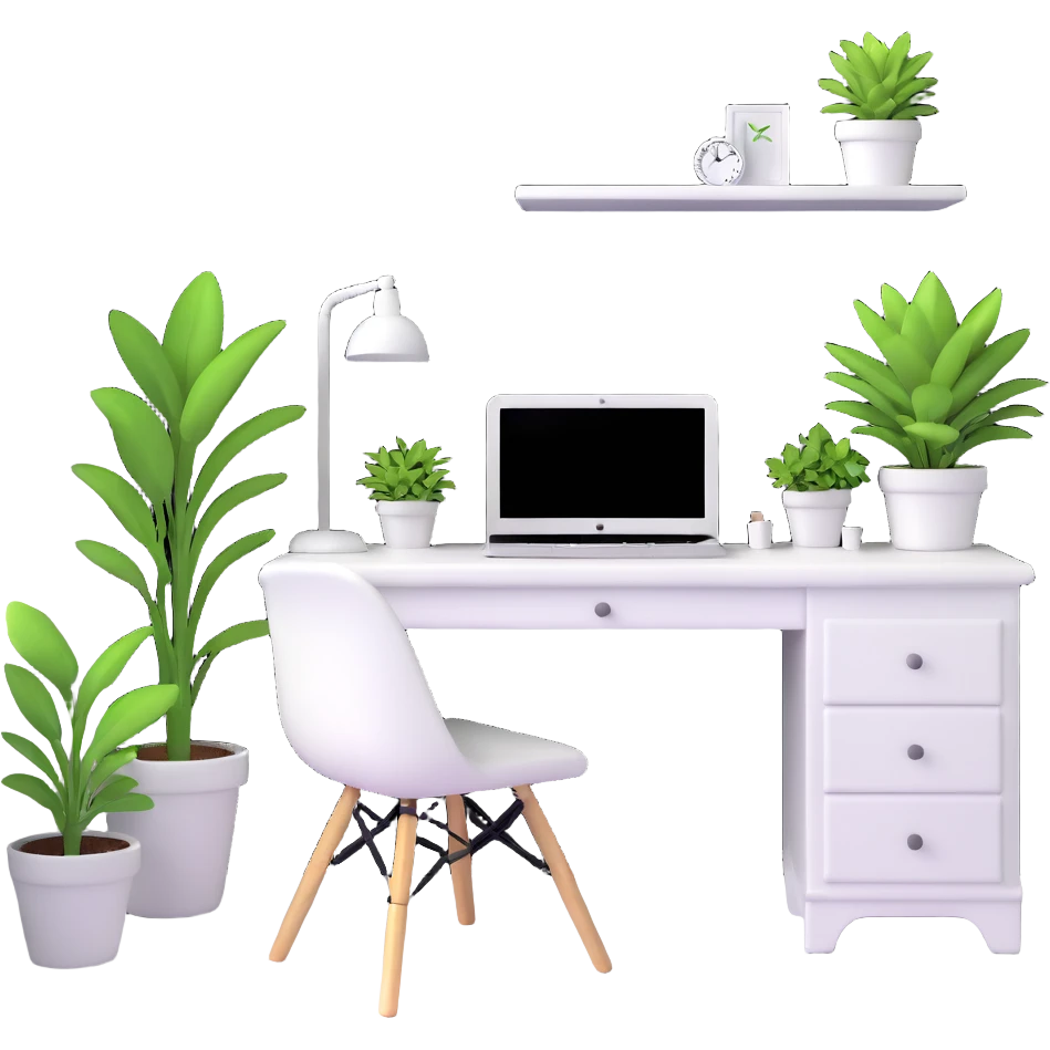 bright clean teenage room with white furniture, white vanity, white desk, white bed, and potted plants emoji