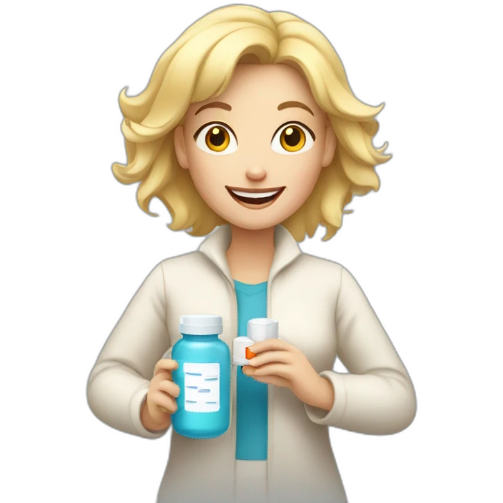 Happy blonde Mom holding pill bottle emoji