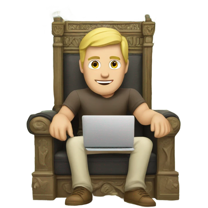 Caucasian Man sitting on a throne of cash with a laptop emoji