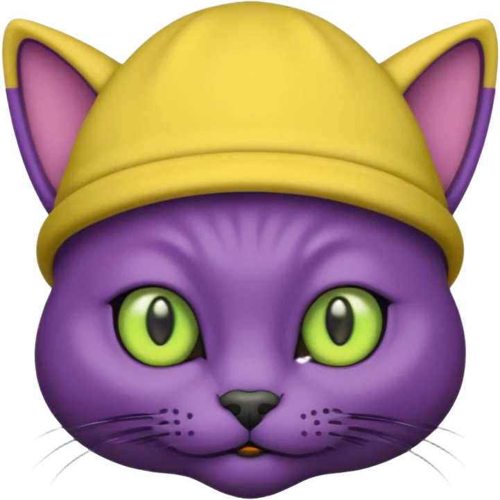 dark purple alien cat with no fur and yellow hat and green eyes emoji
